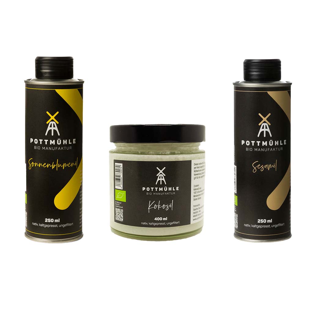 Pottmühle - Ölziehpaket Sonnenblumenöl Kokosöl Sesamöl - bio, nativ, ungefiltert 1024x1024