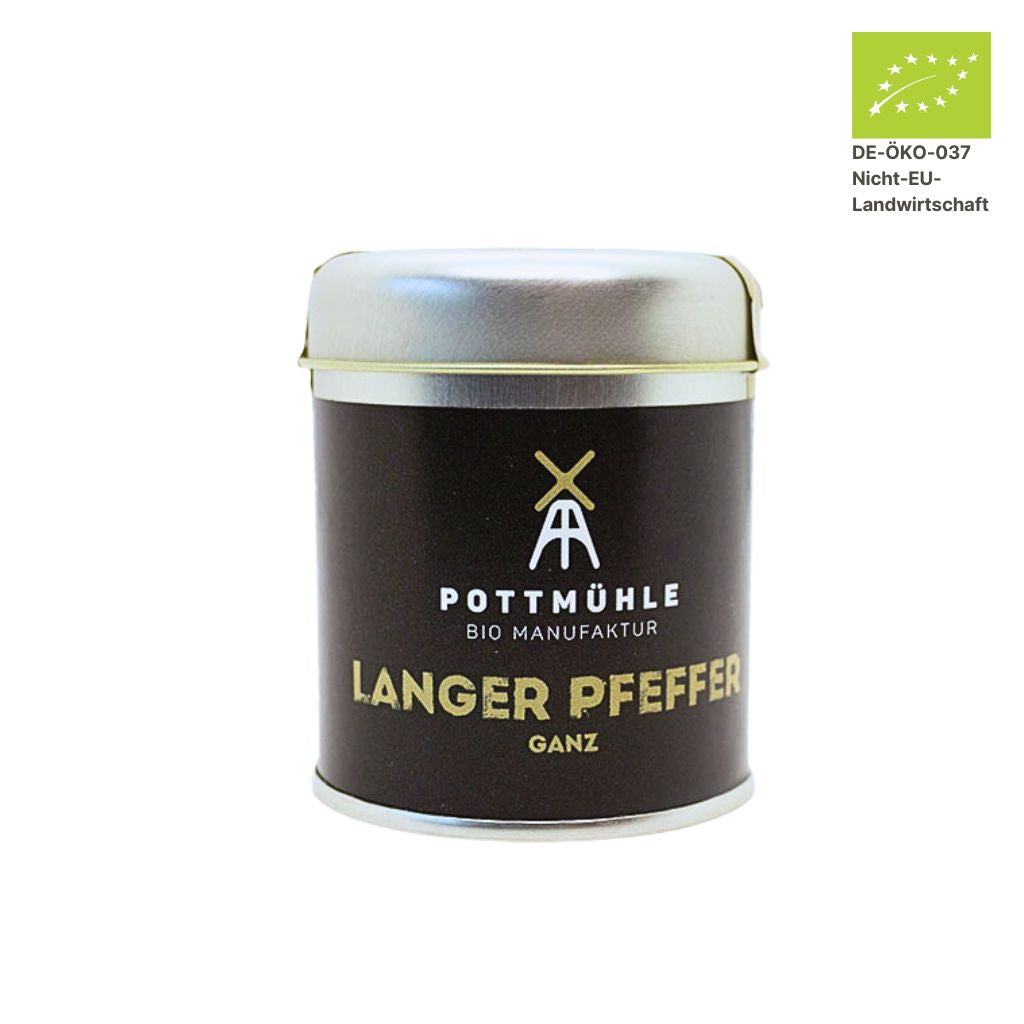 Pottmühle Bio Langer Pfeffer in runder Gewürzdose mit Bio-Logo auf weißem Hintergrund