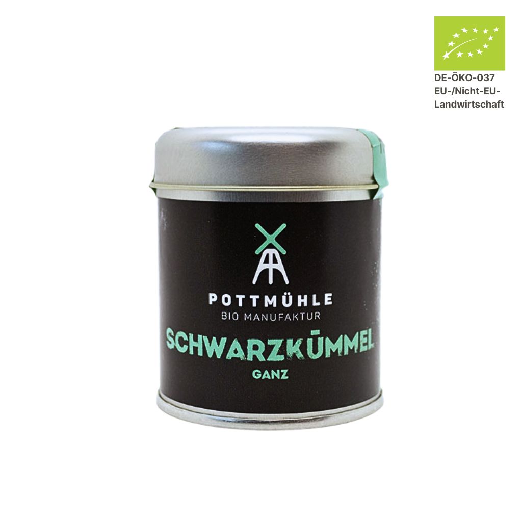 Pottmühle Bio Schwarzkümmel in runder Gewürzdose mit Bio-Logo auf weißem Hintergrund