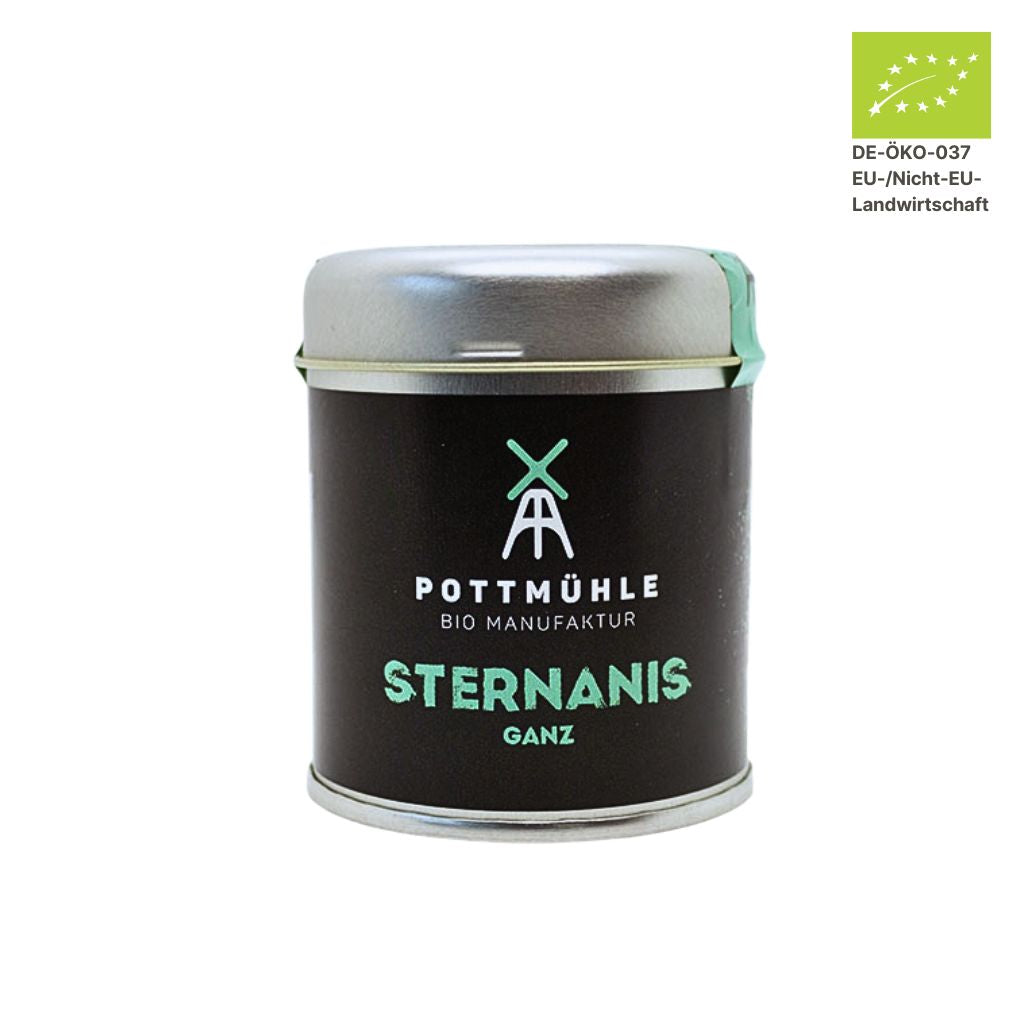 Pottmühle Bio Sternanis in runder Gewürzdose mit Bio-Logo auf weißem Hintergrund