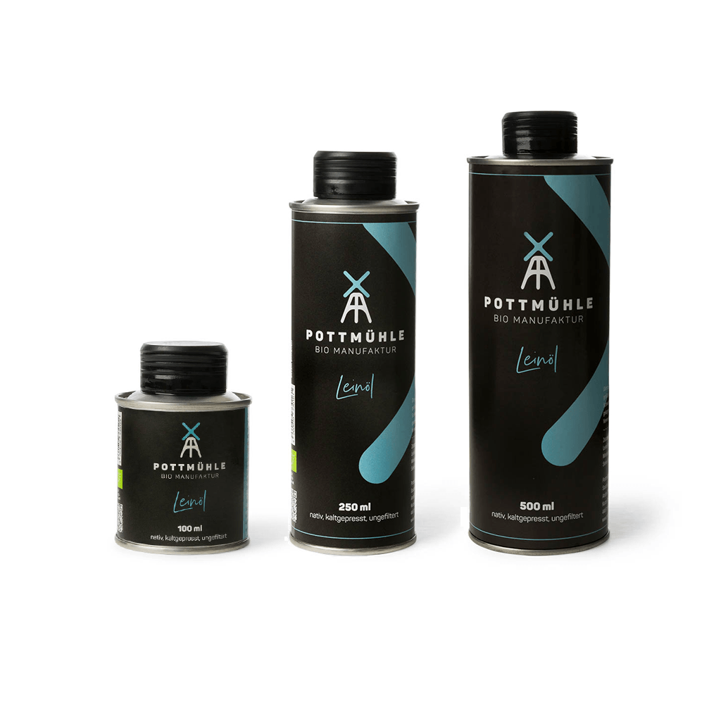Pottmühle - Kaltgepresstes Leinöl - bio, nativ, ungefiltert 100 + 250 + 500 ml mit EU-Bio Logo 1024x1024