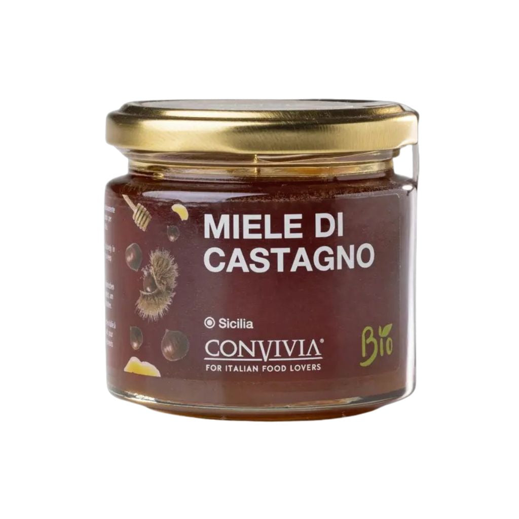 Glas mit dunklem Kastanienhonig und Deckel, Honig im Glas sichtbar, naturbelassen, cremige Textur, Detailaufnahme der Glasvorderseite.