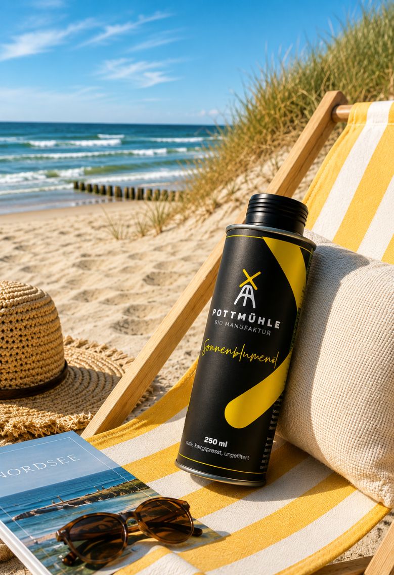 Bio Sonnenblumenöl in Sonnenliege am Nordseestrand mit Buch, Hut und Sonnenbrille am Nordseestrand