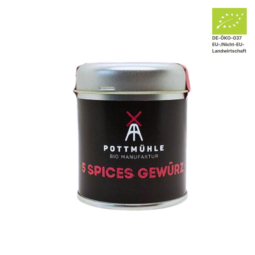 Pottmühle Bio 5 Spices Gewürz in runder Gewürzdose mit Bio-Logo auf weißem Hintergrund