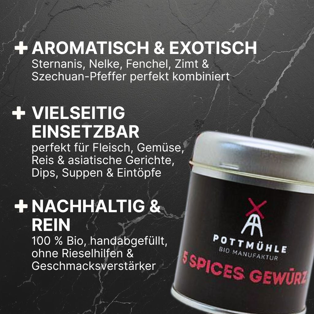 Pottmühle Bio-5-Spices – aromatisch & exotisch, vielseitig für Fleisch, Gemüse, Reis & asiatische Gerichte, Dips, Suppen & Eintöpfe, natürlich & handabgefüllt