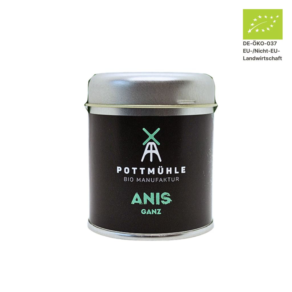 Pottmühle Bio Anis ganz in runder Gewürzdose mit Bio-Logo auf weißem Hintergrund