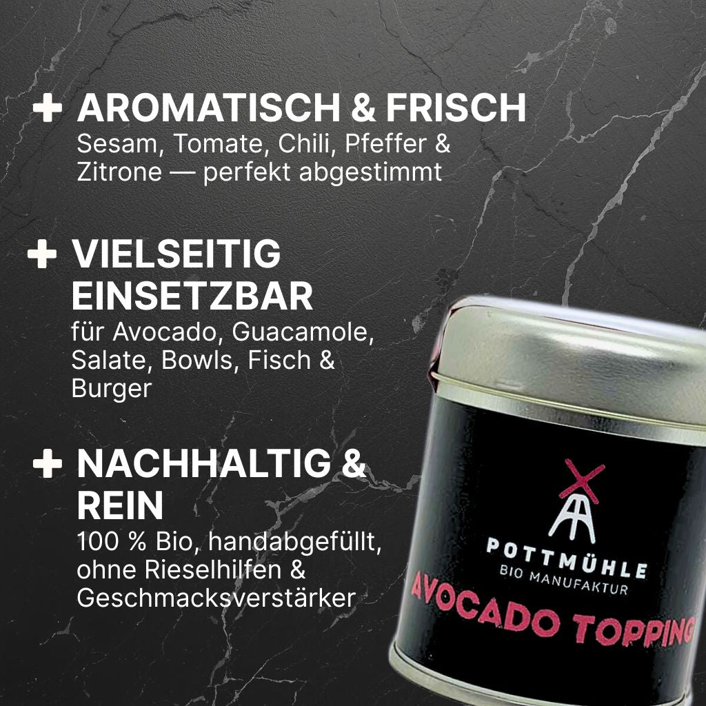 Pottmühle Bio-Avocado-Topping – aromatisch & frisch, vielseitig für Avocado, Bowls & Salate, natürlich & handabgefüllt