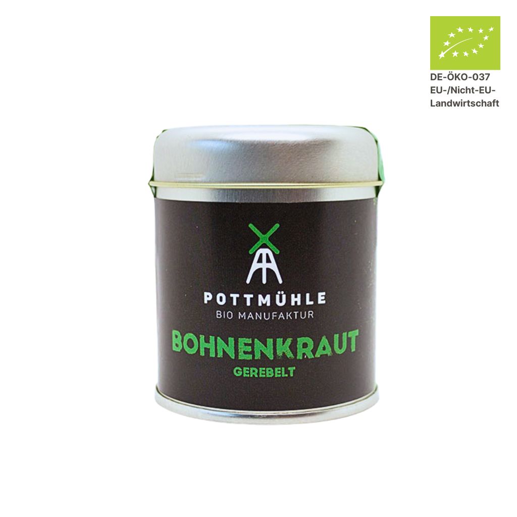 Pottmühle Bio Bohnenkraut in runder Gewürzdose mit Bio-Logo auf weißem Hintergrund