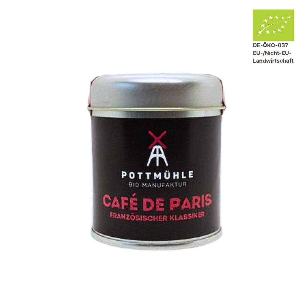 Pottmühle Bio Café de Paris Gewürzmischung in runder Gewürzdose mit Bio-Logo auf weißem Hintergrund
