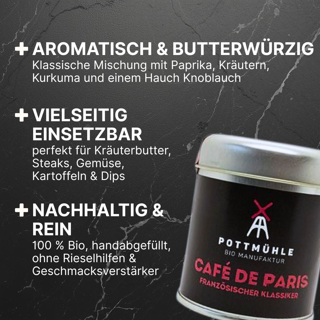Pottmühle Bio-Café de Paris Gewürz – aromatisch & würzig, vielseitig perfekt für Kräuterbutter, Steaks, Gemüse, Kartoffeln & Dips, natürlich & handabgefüllt