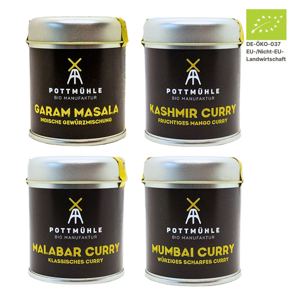 4 Bio Curry Mischungen in runden Dosen