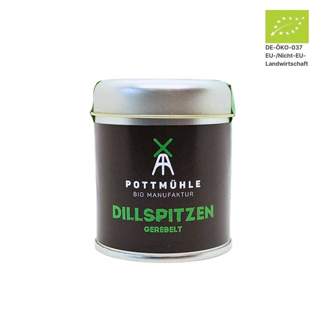 Pottmühle Bio Dillspitzen in runder Gewürzdose mit Bio-Logo auf weißem Hintergrund