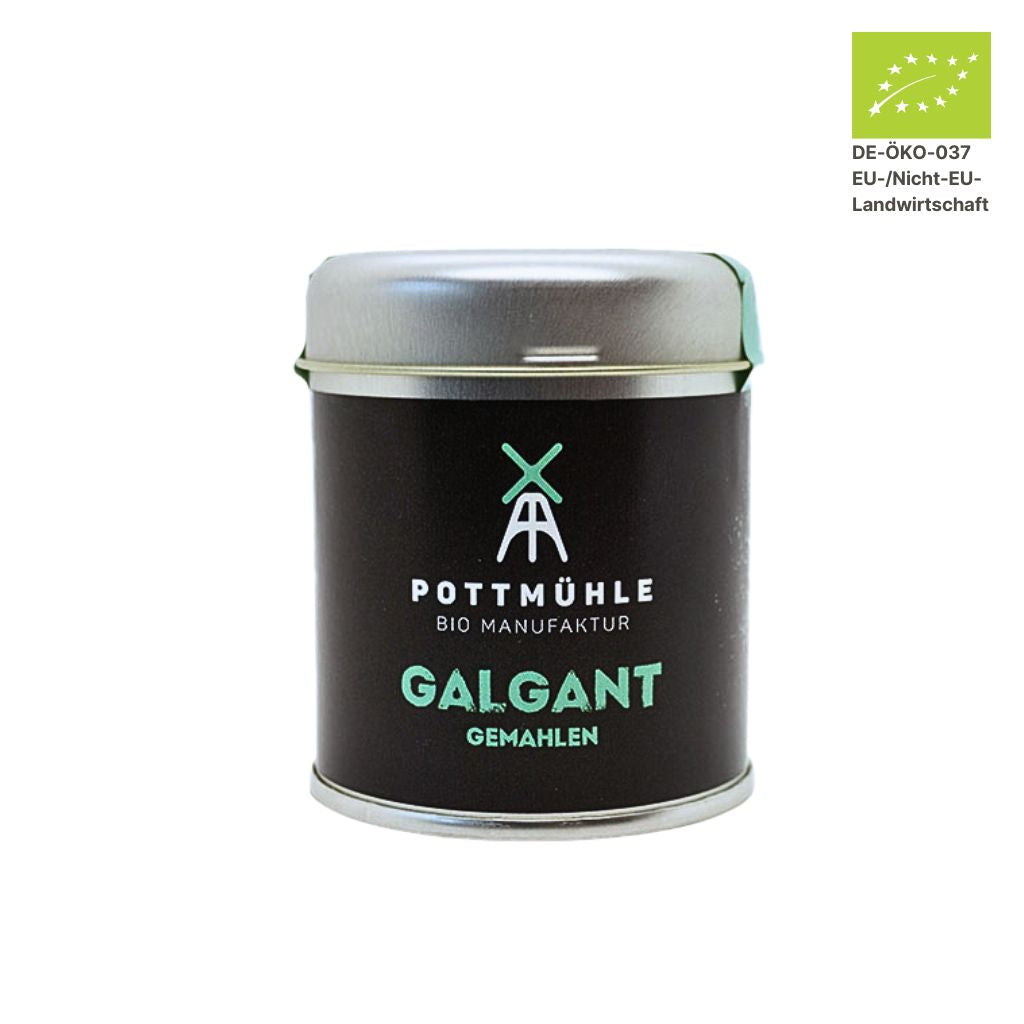 Pottmühle Bio Galgant in runder Gewürzdose mit Bio-Logo auf weißem Hintergrund