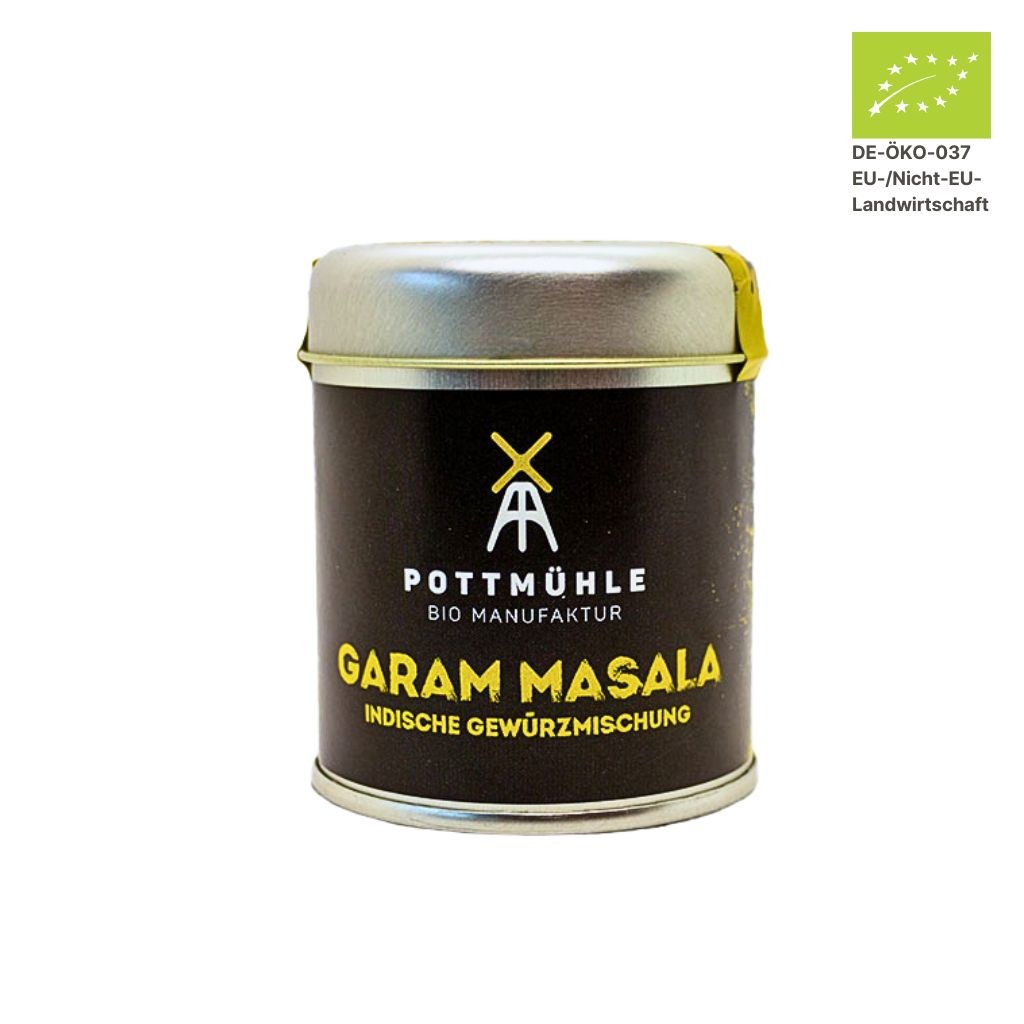 Pottmühle Bio Garam Masala in runder Gewürzdose mit Bio-Logo auf weißem Hintergrund