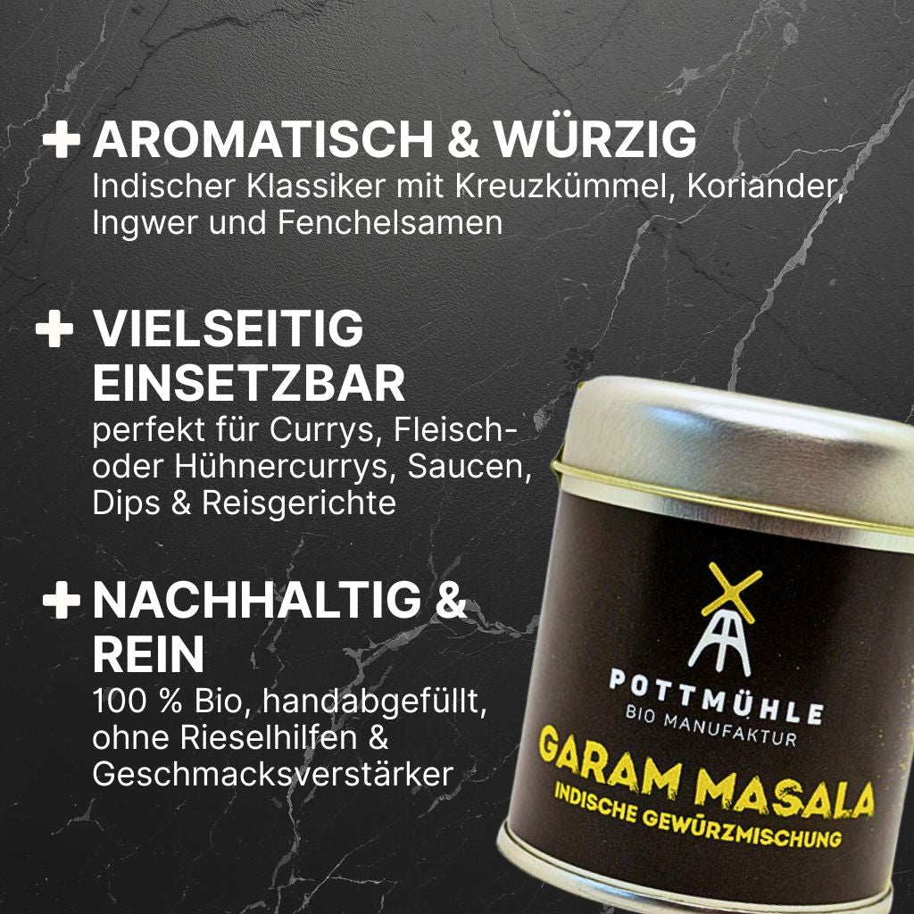Pottmühle Bio-Daram Masala – Kräuter & Sesam, vielseitig für Currys, Fleisch- 
oder Hühnercurrys, Saucen,
Dips & Reisgerichte, natürlich & handabgefüllt