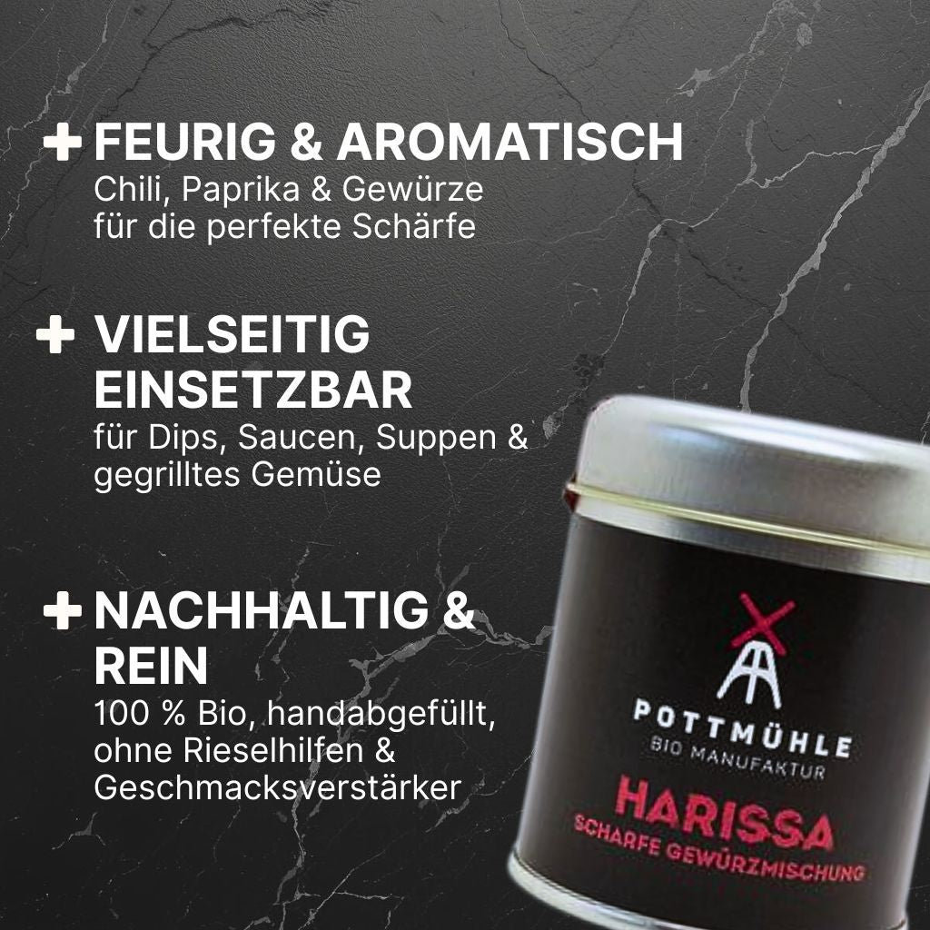 Pottmühle Bio-Harissa – feurig & aromatisch, vielseitig für Dips, Saucen, Suppen & gegrilltes Gemüse, natürlich & handabgefüllt