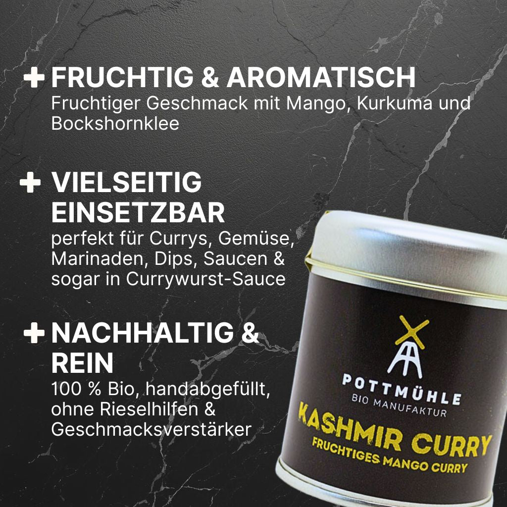 Pottmühle Bio-Kashmir Curry – Kräuter & Sesam, vielseitig für Currys, Gemüse, Marinaden, Dips, Saucen & sogar in Currywurst-Sauce, natürlich & handabgefüllt