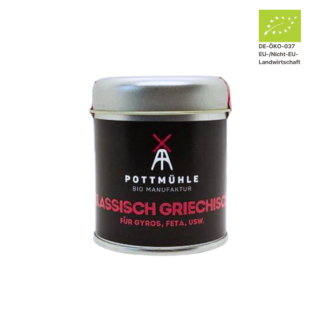 Pottmühle Bio Griechische Gewürzmischung in runder Gewürzdose mit Bio-Logo auf weißem Hintergrund