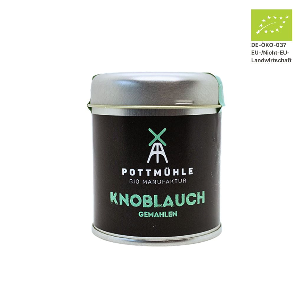 Pottmühle Bio Knoblauch in runder Gewürzdose mit Bio-Logo auf weißem Hintergrund