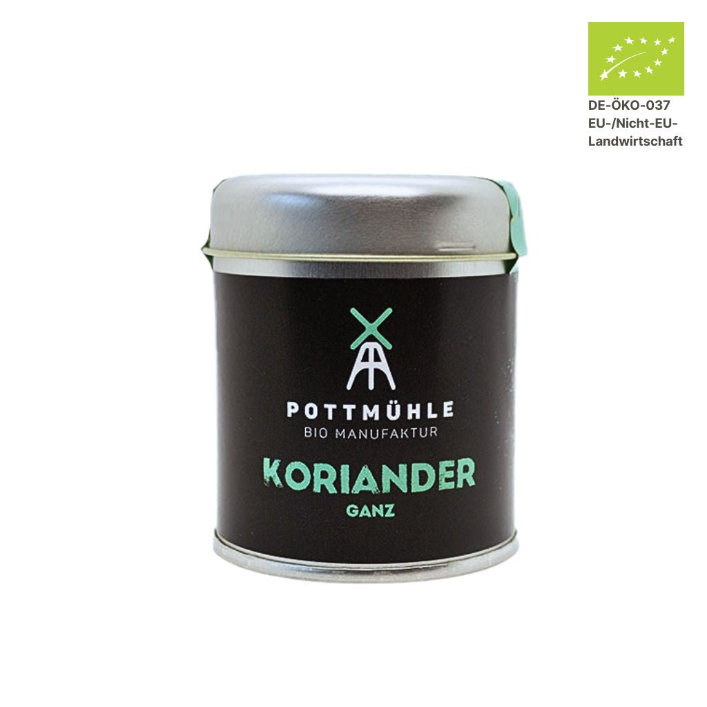 Pottmühle Bio Koriander in runder Gewürzdose mit Bio-Logo auf weißem Hintergrund