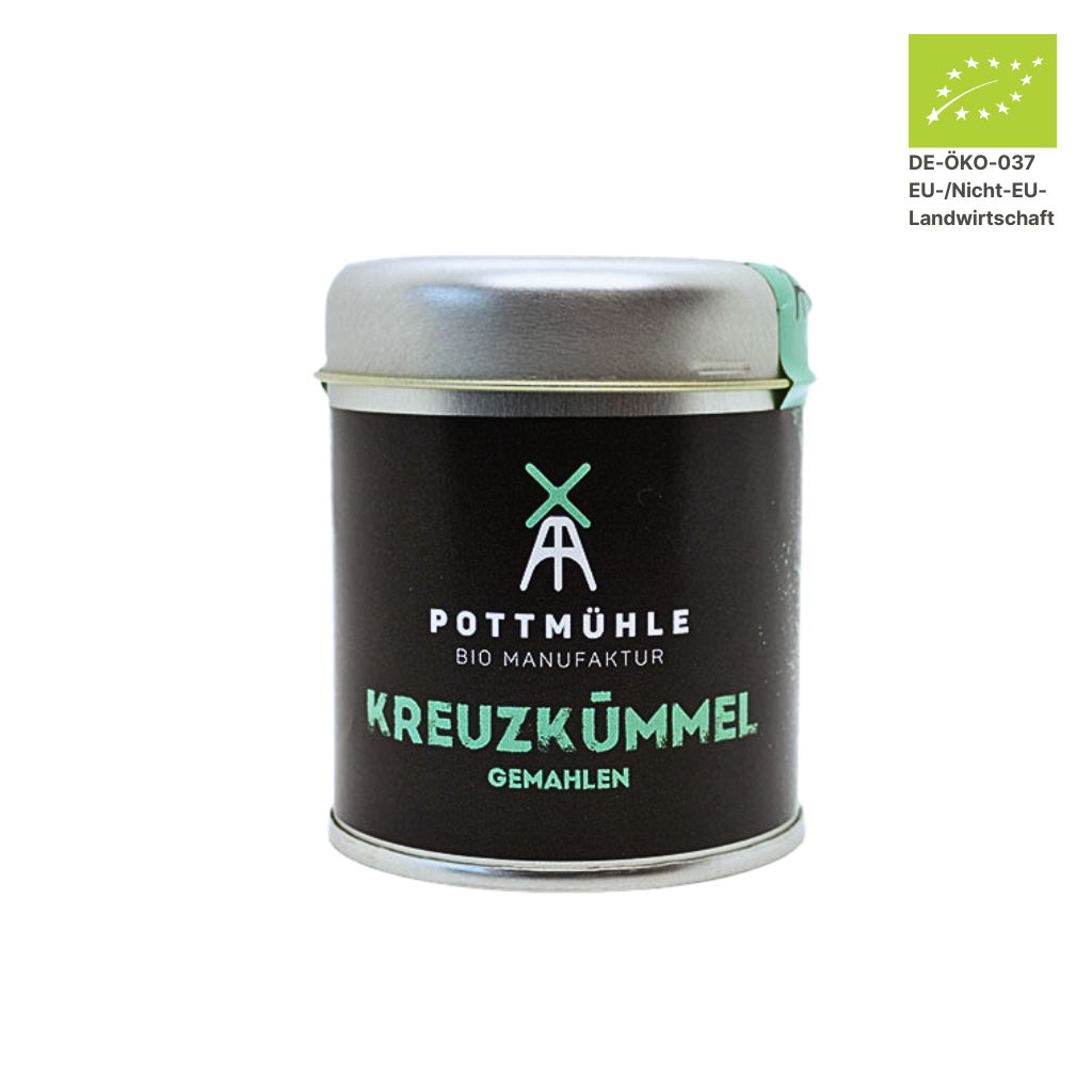 Pottmühle Bio Cumin Kreuzkümmel in runder Gewürzdose mit Bio-Logo auf weißem Hintergrund