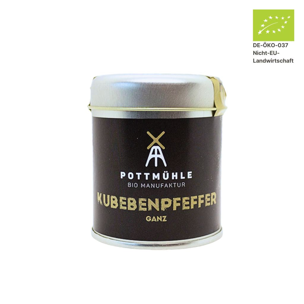 Pottmühle Bio Kubebenpfeffer in runder Gewürzdose mit Bio-Logo auf weißem Hintergrund
