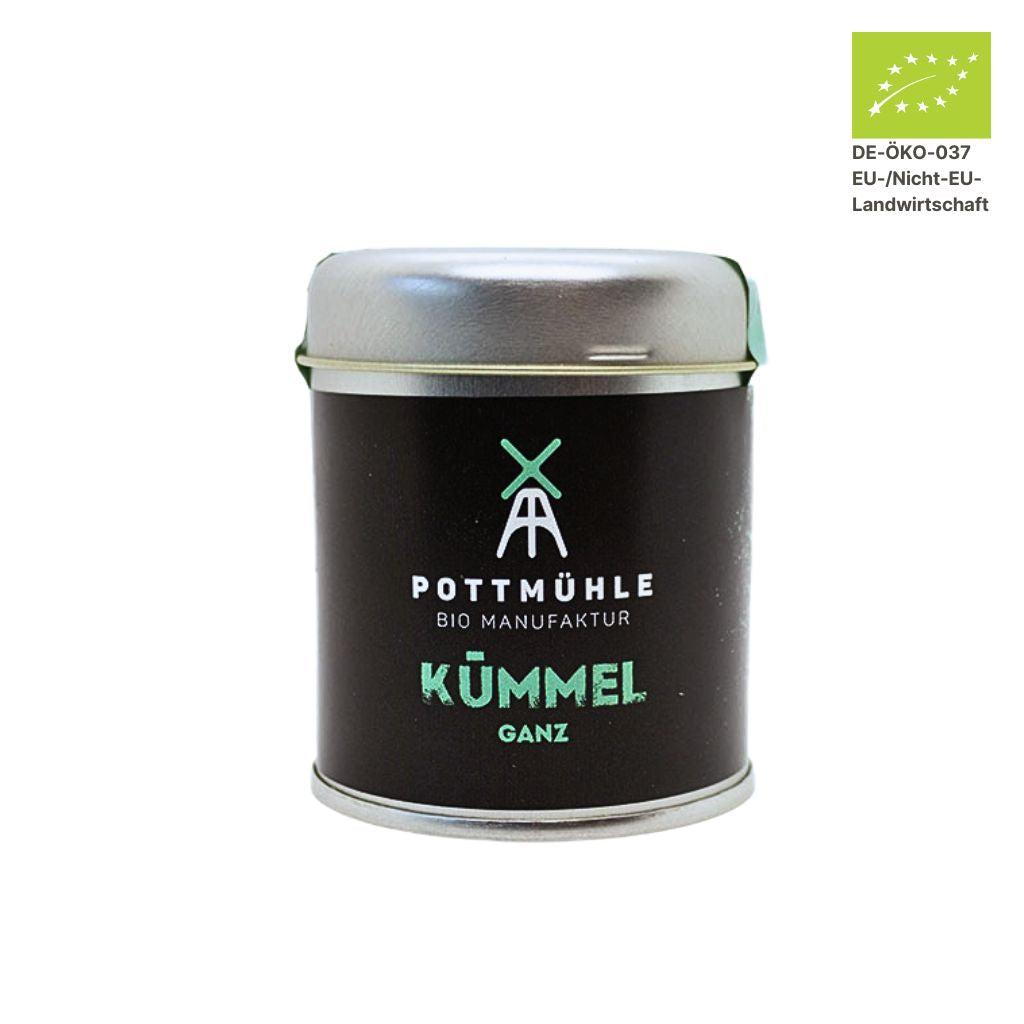 Pottmühle Bio Kümmel in runder Gewürzdose mit Bio-Logo auf weißem Hintergrund