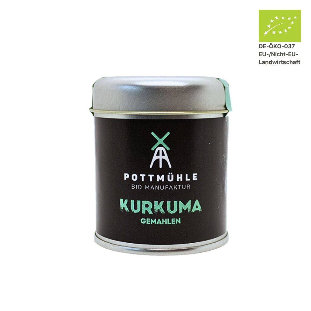 Pottmühle Bio Kurkuma in runder Gewürzdose mit Bio-Logo auf weißem Hintergrund