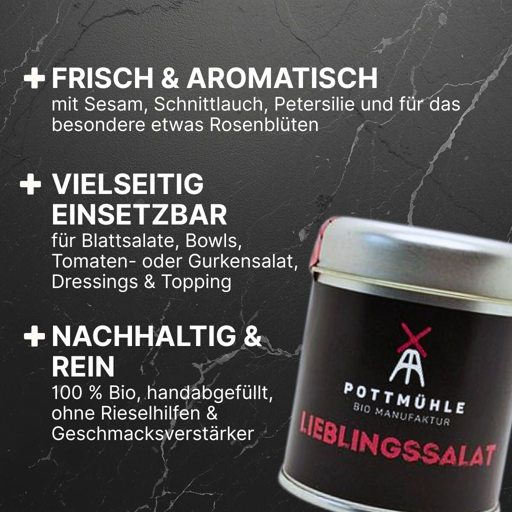 Pottmühle Bio-Lieblingssalat – frisch & aromatisch, vielseitig für Blattsalate, Bowls, Tomaten- oder Gurkensalat,
Dressings & Topping, natürlich & handabgefüllt