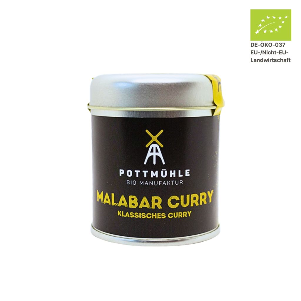 Pottmühle Bio Malabar Curry in runder Gewürzdose mit Bio-Logo auf weißem Hintergrund