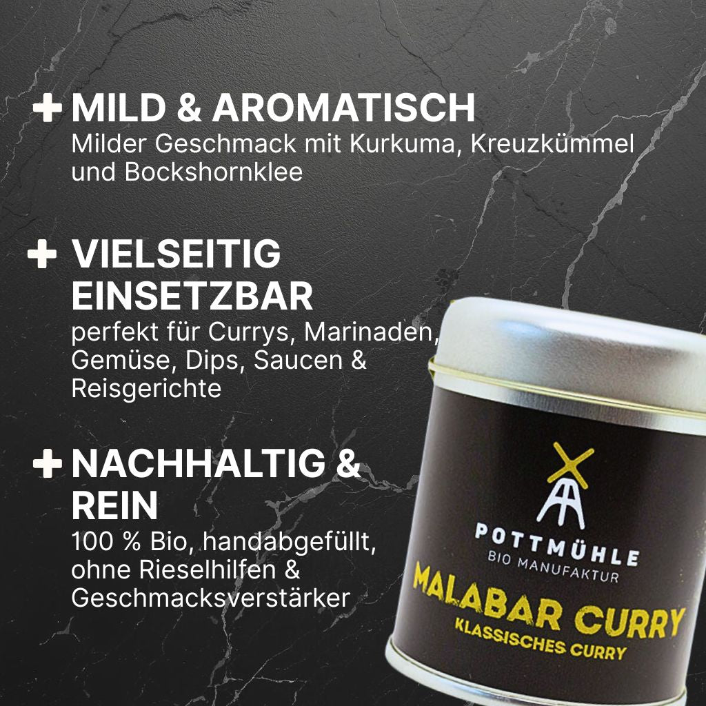 Pottmühle Bio-Malabar Curry – Kräuter & Sesam, vielseitig für Currys, Marinaden, Gemüse, Dips, Saucen & Reisgerichte, natürlich & handabgefüllt