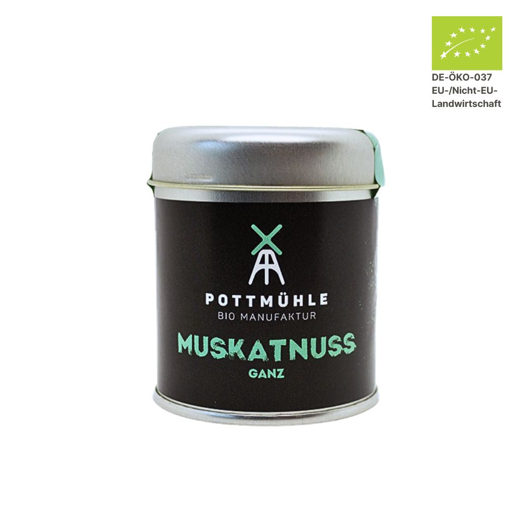 Pottmühle Bio Muskatnuss in runder Gewürzdose mit Bio-Logo auf weißem Hintergrund