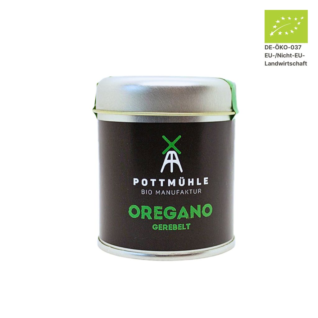 Pottmühle Bio Oregano in runder Gewürzdose mit Bio-Logo auf weißem Hintergrund