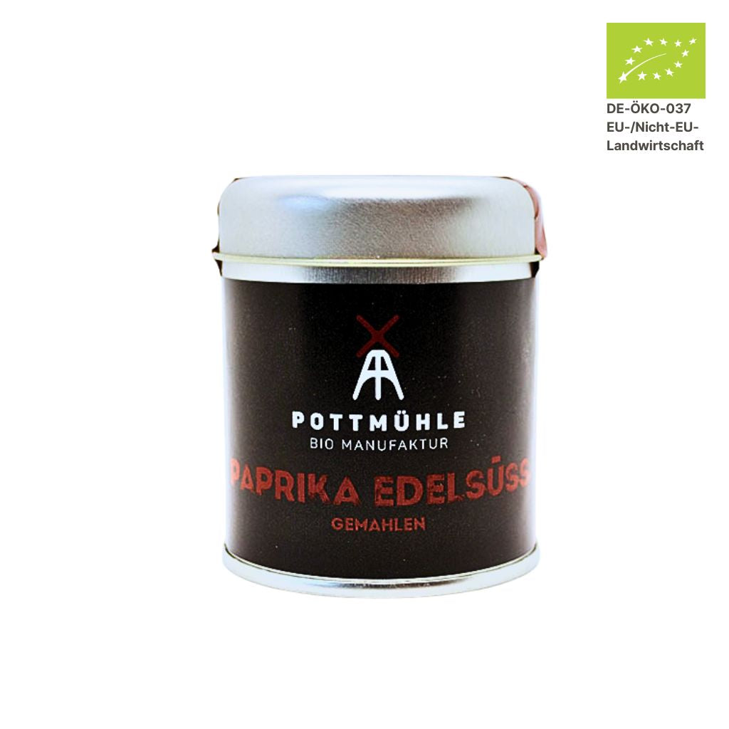Pottmühle Bio Paprika edelsüß in runder Gewürzdose mit Bio-Logo auf weißem Hintergrund
