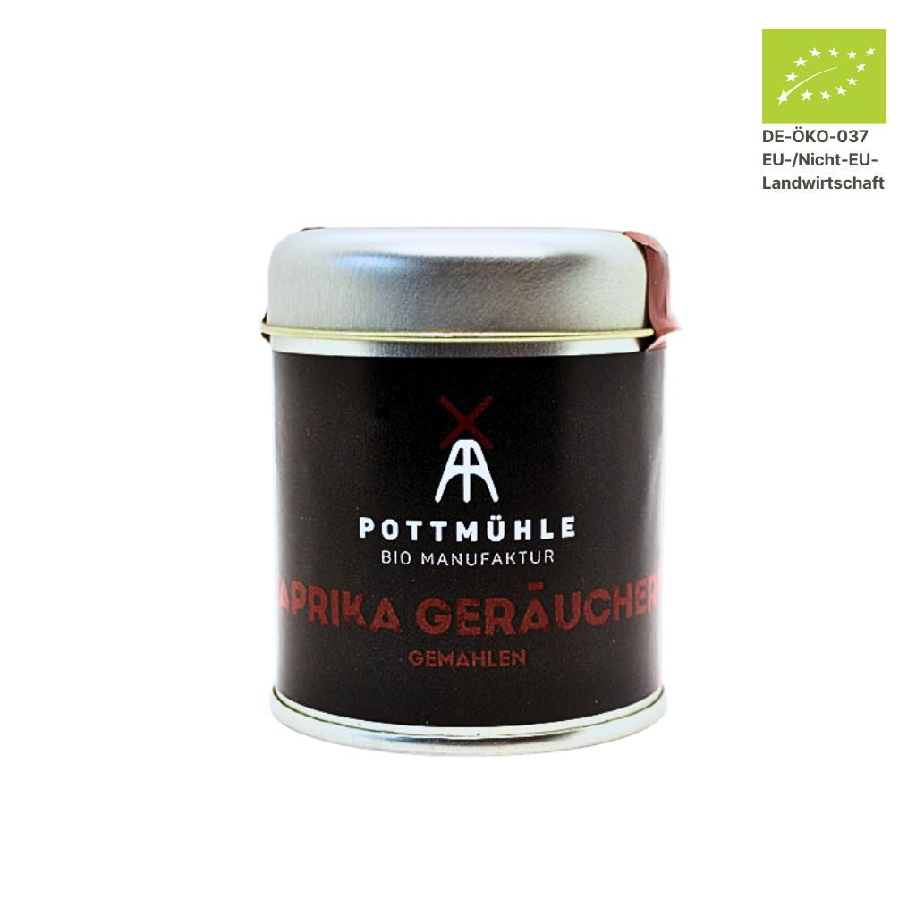 Pottmühle Bio Paprika geräuchertin runder Gewürzdose mit Bio-Logo auf weißem Hintergrund