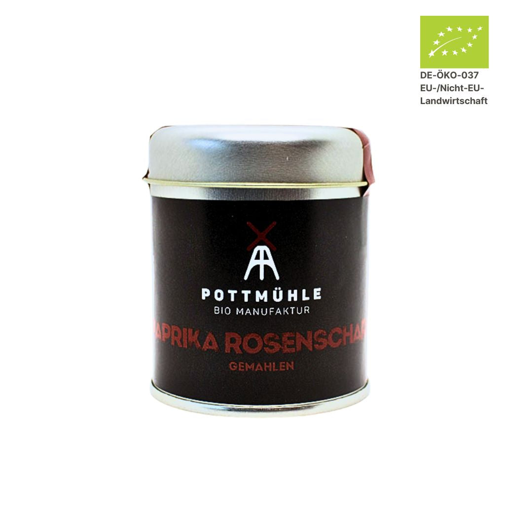 Pottmühle Bio Paprika rosenscharf in runder Gewürzdose mit Bio-Logo auf weißem Hintergrund