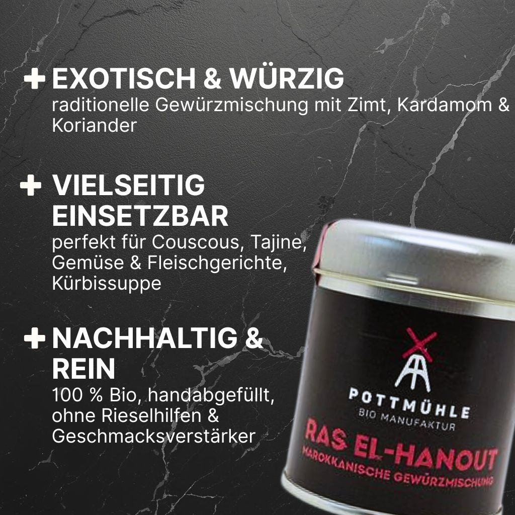 Pottmühle Bio-Ras el-Hanout – exotisch & würzig, vielseitig für Couscous, Tajine, Gemüse & Fleischgerichte, Kürbissuppe, natürlich & handabgefüllt