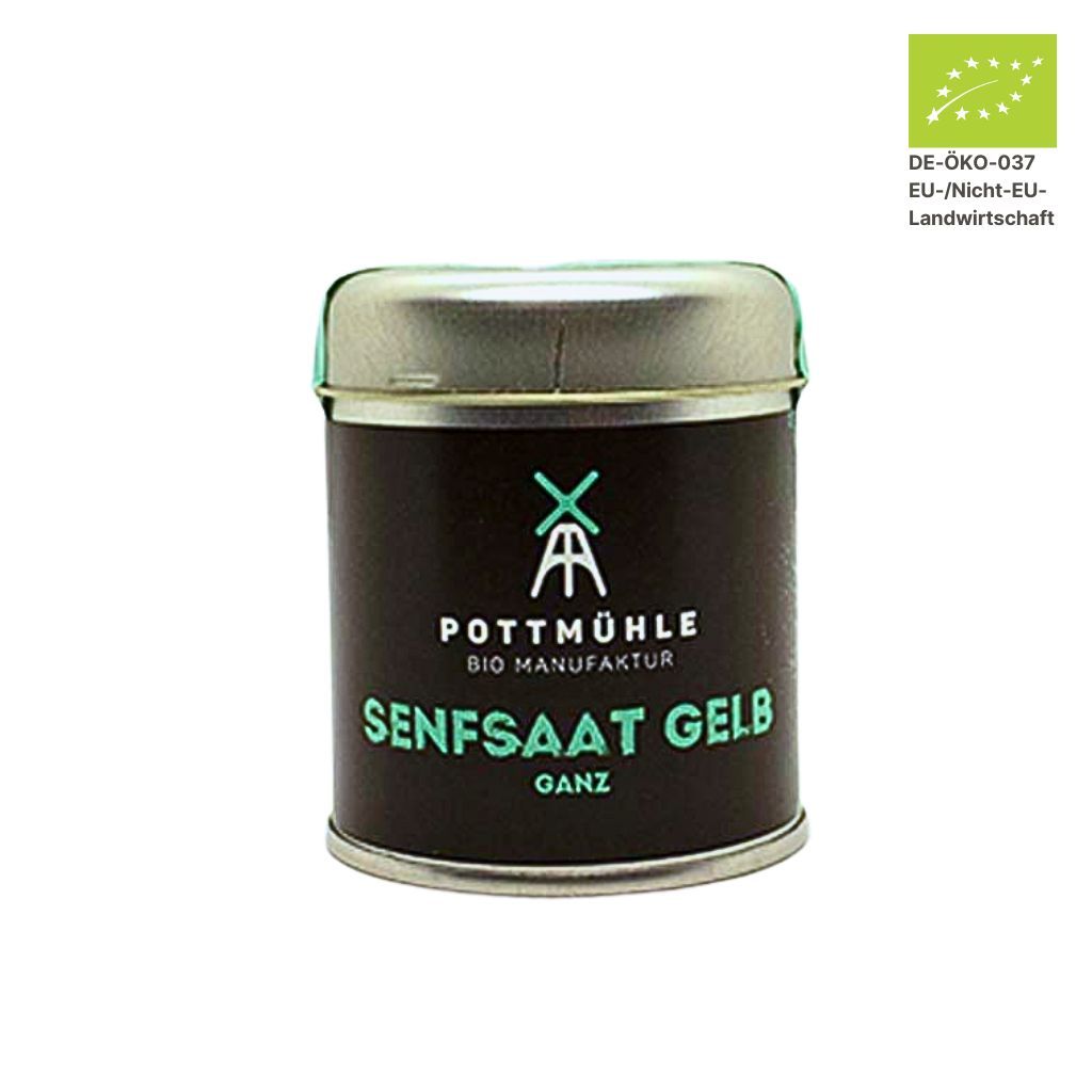 Pottmühle Bio Senfsaat in runder Gewürzdose mit Bio-Logo auf weißem Hintergrund