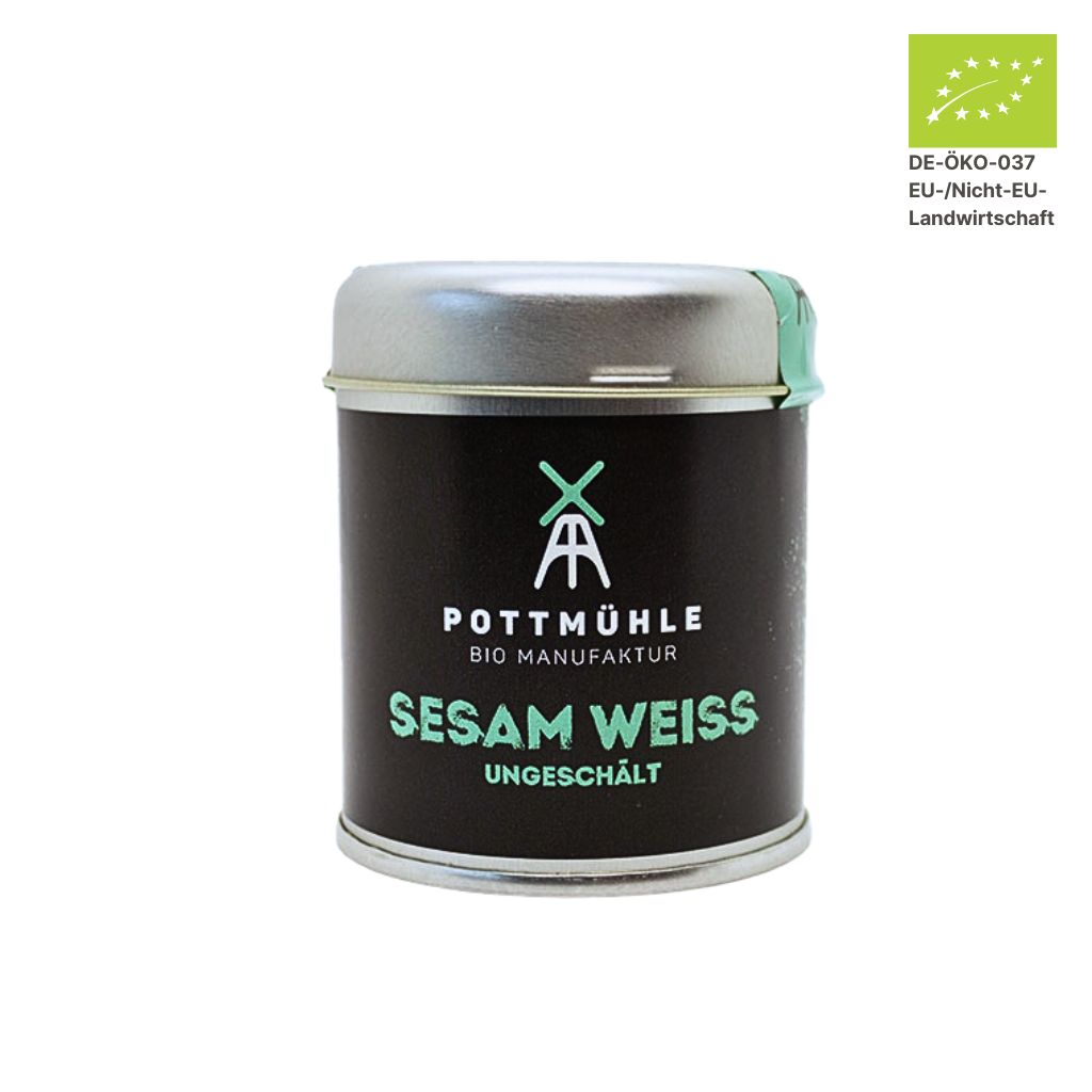 Pottmühle Bio Sesam ungeschält in runder Gewürzdose mit Bio-Logo auf weißem Hintergrund