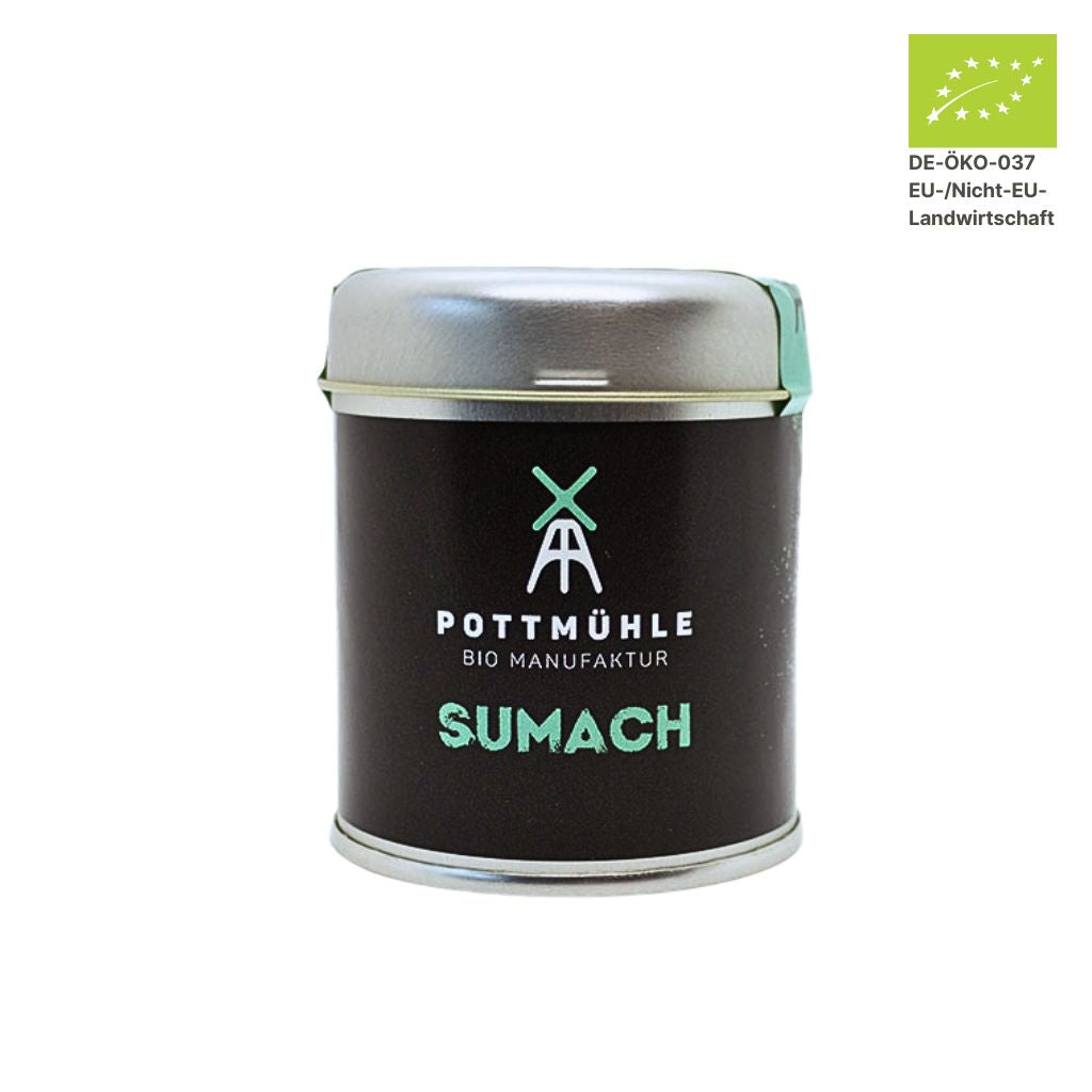 Pottmühle Bio Sumach in runder Gewürzdose mit Bio-Logo auf weißem Hintergrund