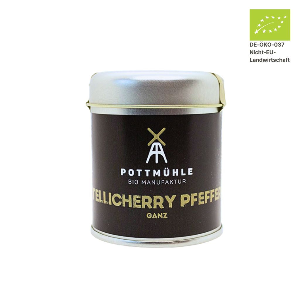 Pottmühle Bio Tellycherry Pfeffer in runder Gewürzdose mit Bio-Logo auf weißem Hintergrund