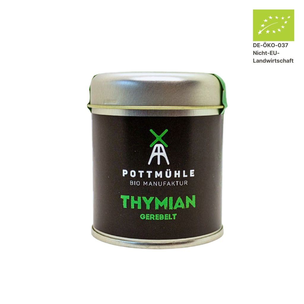 Pottmühle Bio Thymian in runder Gewürzdose mit Bio-Logo auf weißem Hintergrund