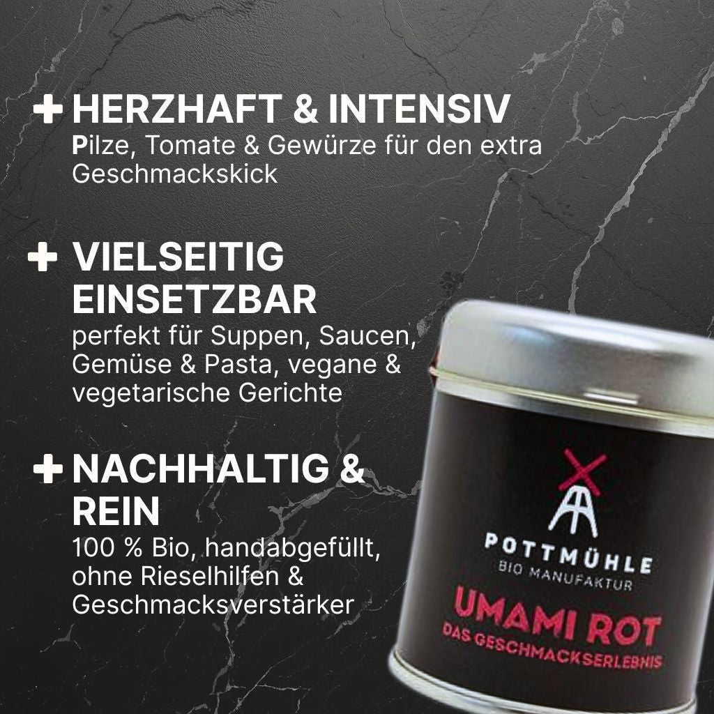 Pottmühle Bio-Umami rot – herzhaft & intensiv, vielseitig für Suppen, Saucen, Gemüse & Pasta, vegane & vegetarische Gerichte, natürlich & handabgefüllt