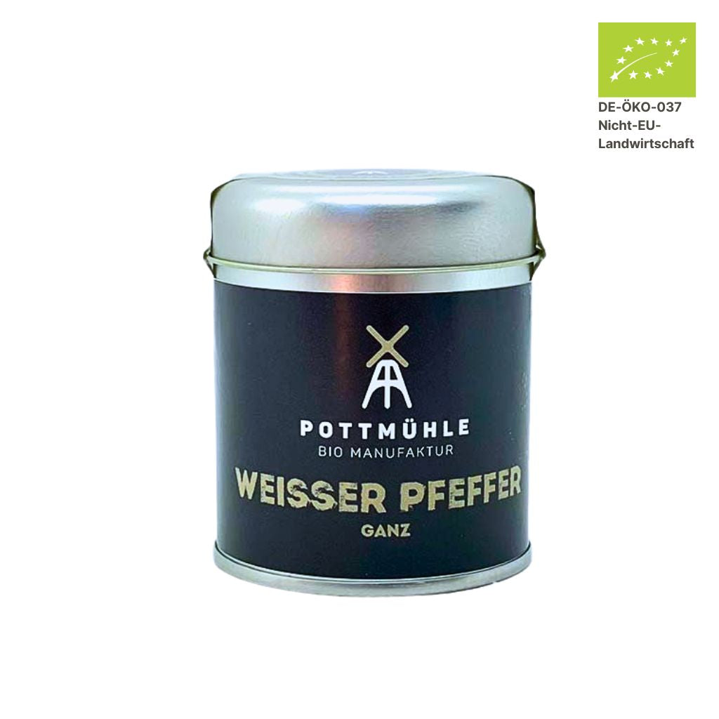 Pottmühle Bio Weißer Pfeffer in runder Gewürzdose mit Bio-Logo auf weißem Hintergrund