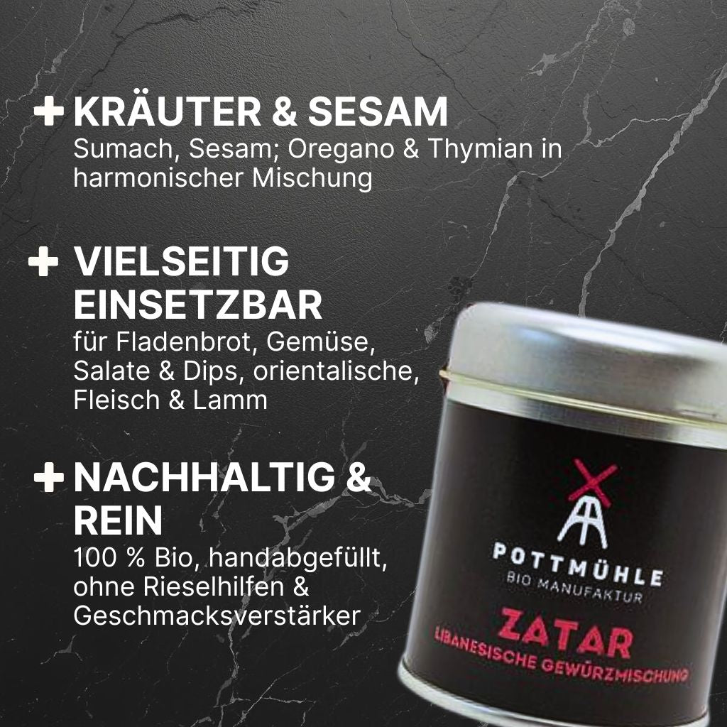 Pottmühle Bio-Zatar – Kräuter & Sesam, vielseitig für Fladenbrot, Gemüse,
Salate & Dips, orientalische, Fleisch & Lamm, natürlich & handabgefüllt