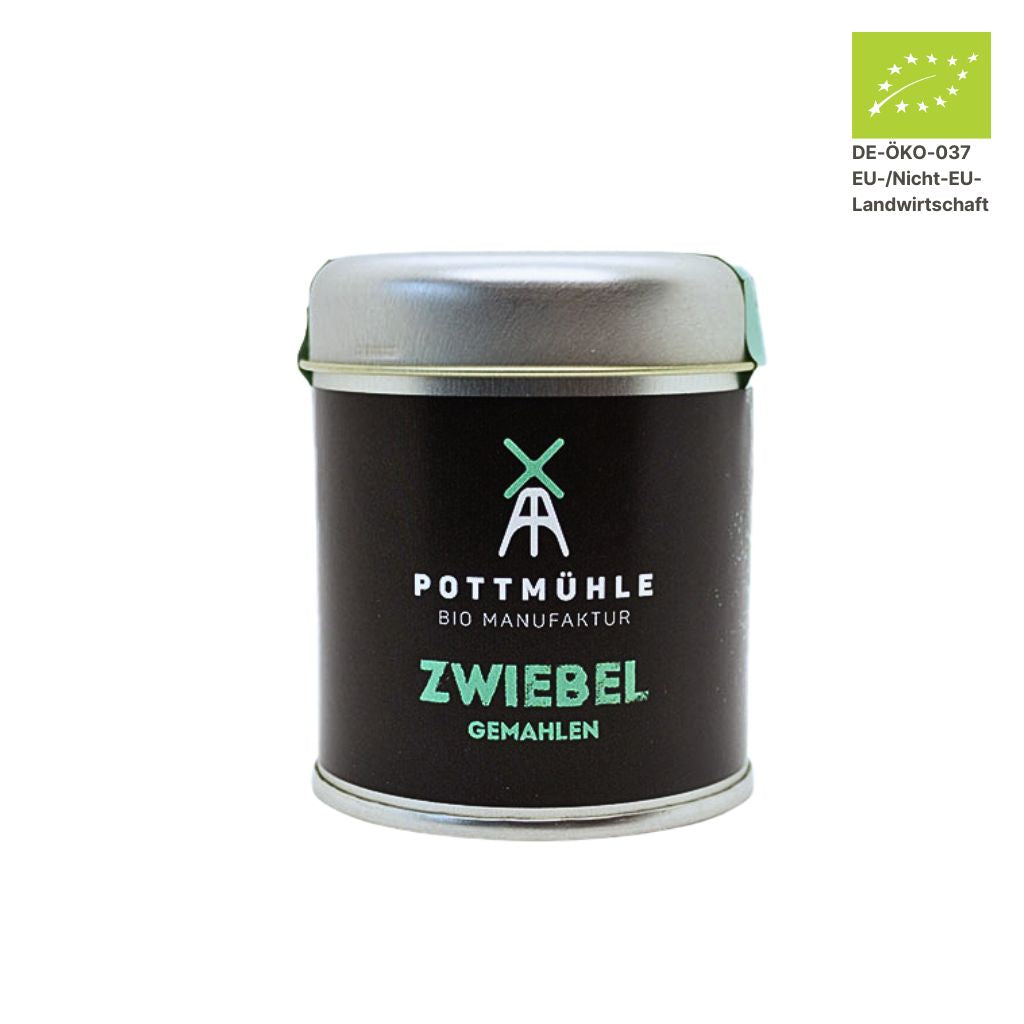 Pottmühle Bio Zwiebel in runder Gewürzdose mit Bio-Logo auf weißem Hintergrund