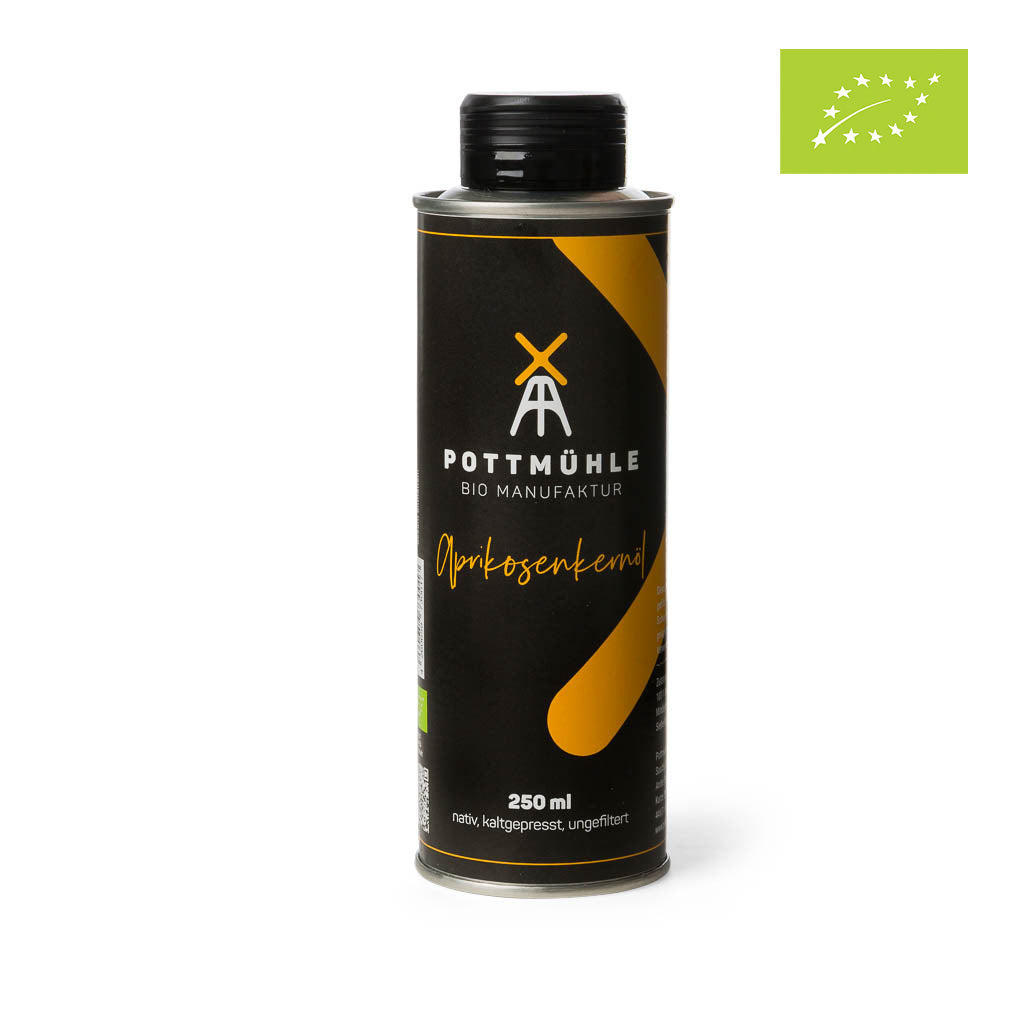 Pottmühle - Kaltgepresstes Aprikosenkernöl - bio, nativ, ungefiltert 250 ml mit EU-Bio Logo 1024x1024