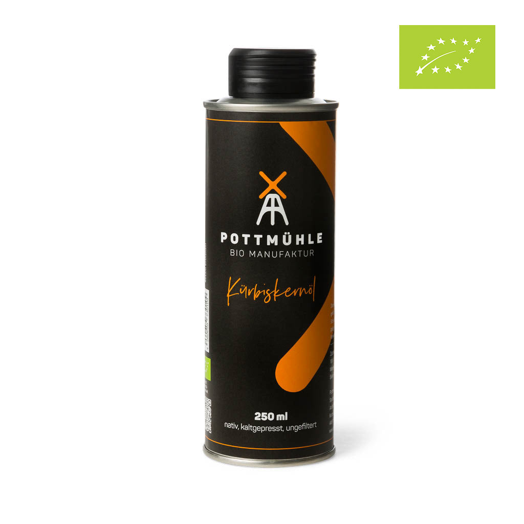 Pottmühle - Kaltgepresstes Kürbiskernöl - bio, nativ, ungefiltert 250 ml mit EU-Bio Logo 1024x1024