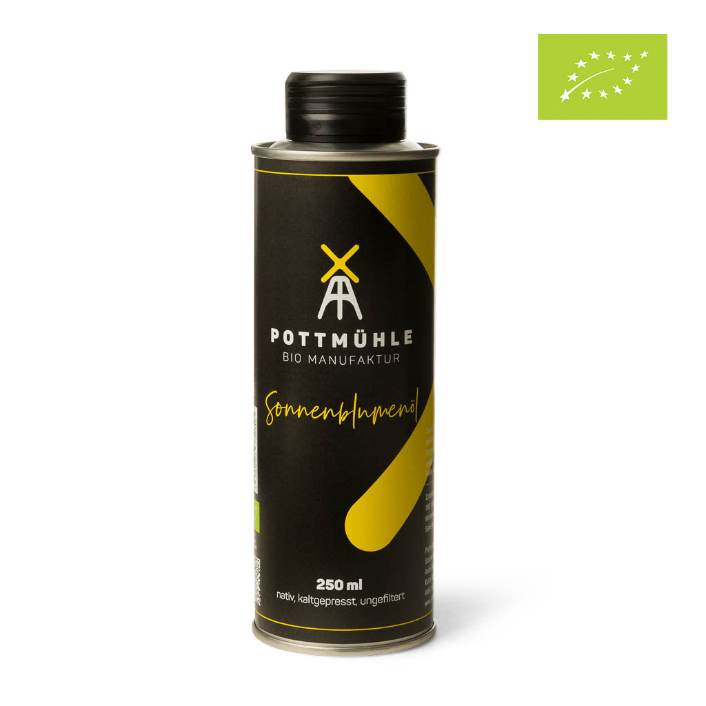 Pottmühle - Kaltgepresstes Sonnenblumenöl - bio, nativ, ungefiltert 250 ml mit EU-Bio Logo 1024x1024