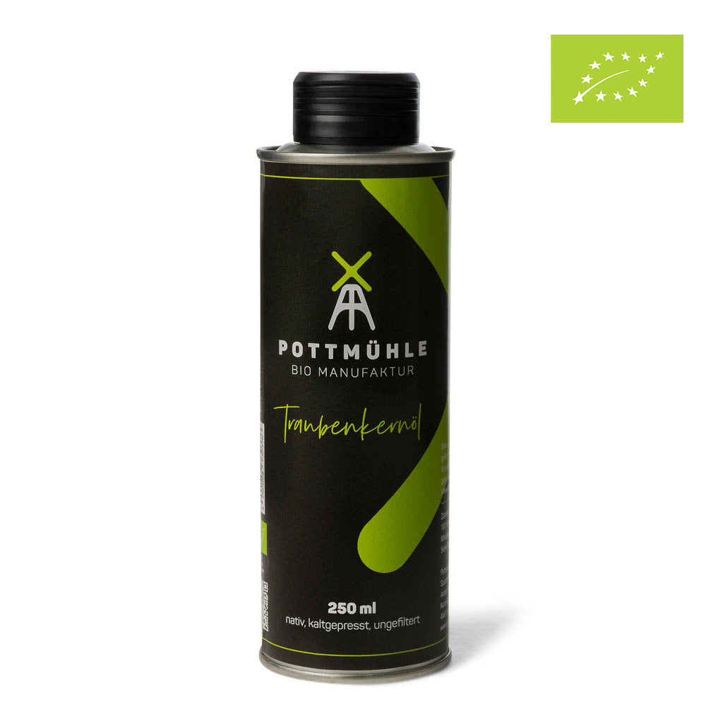 Pottmühle - Kaltgepresstes Traubenkernöl - bio, nativ, ungefiltert 250 ml mit EU-Bio Logo 1024x1024